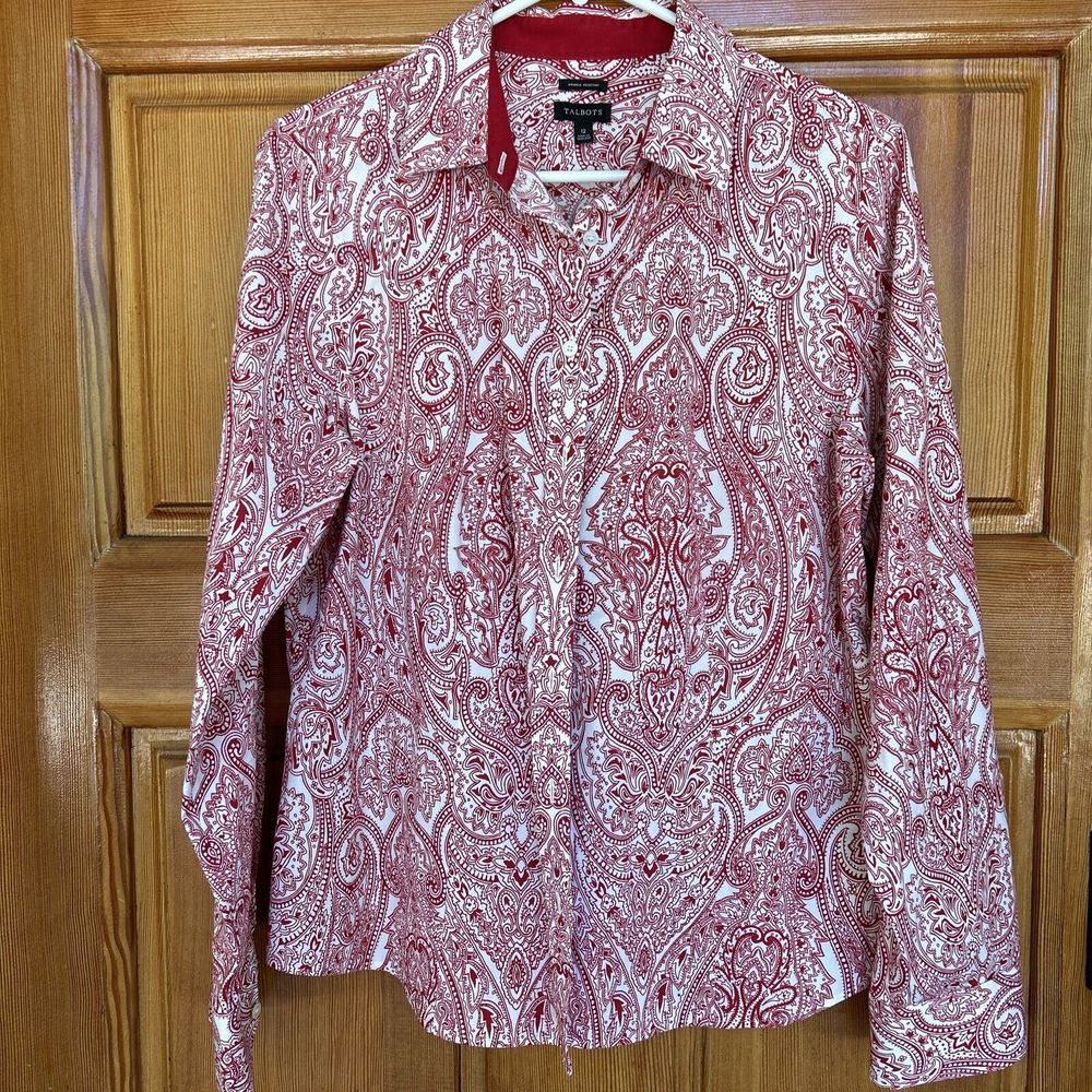 Talbots Womens Sz 12 Paisley Red White Wrinkle Resistant Button Up Shirt Top